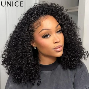 Parrucca Mezza Testa Ricci Afro con Cordoncino UNICE, con Bordi 4C e Attaccatura Invisibile, Parrucca in Capelli Umani Reversibile, Adatta ai Principianti