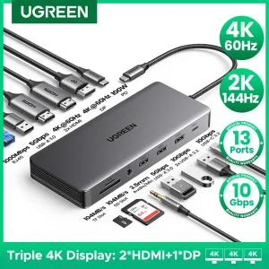 UGREEN 13 in 1 USB-C HUB Tripla Display 4K Dual HDMI DP 10Gbps USB3.2 PD100W Docking Station SD/TF per MacBook Pro Air Dell XPS
