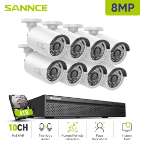 SANNCE 5MP 8MP POE Sistema di telecamere di sicurezza H264 + 8CH NVR 4/6/8PCS 2.8mm Telecamera per visione notturna IP66 Telecamera IP resistente alle intemperie da 8mp