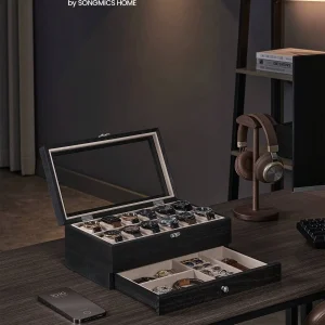 SONGMICS scatola per orologi in legno a 2 livelli a 12 Slot, coperchio in vetro grande, fodera in velluto, ebano nero, portagioie, regalo per i propri cari