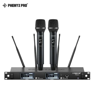 Phenyx Pro Sistema microfonico wireless a 2 canali con blocco ID, scansione automatica, microfoni cordless PTAU-2 True Diversity per DJ, Karaoke