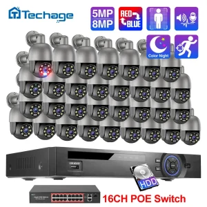 Sistema di Telecamere PTZ POE Techage 36CH 5MP 8MP, Kit di Sorveglianza Intelligente con Rilevamento Umano AI, Audio Bidirezionale, Visione Notturna a Colori 4K H.26S