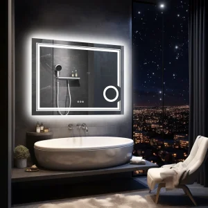 Wisfor specchio da bagno intelligente illuminato a LED 3X lente d’ingrandimento illuminata a parete luce bianca retroilluminata anteriore dimmerabile antiappannamento