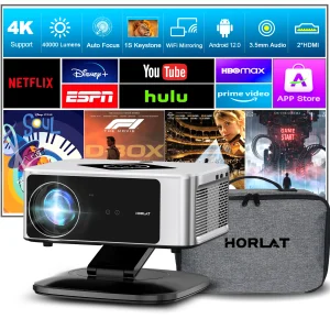 Proiettore LCD HORLAT 40000 Lumen, Cinema 3D, LED Beamer Full HD 1080P 4K, Auto Focus, Keystone, Home Theater, WiFi 5G