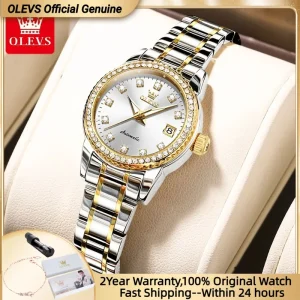 OLEVS Orologio automatico da donna con diamanti in oro di lusso in acciaio inossidabile elegante orologio automatico da donna originale con collana regalo