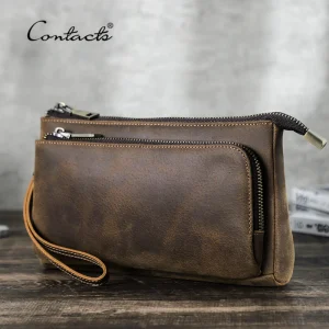 CONTACT’S Pochette da uomo in vera pelle Design Borsa a mano Portafoglio lungo Borsa da uomo Borsa da viaggio per ricarica Organizzatore di cavi