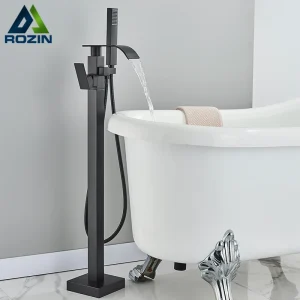 Rubinetto doccia per vasca da bagno nero rubinetto per vasca da bagno quadrato in ottone a pavimento rubinetto miscelatore per acqua calda e fredda a cascata