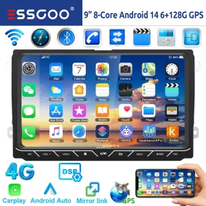 ESSGOO 9″ Android 14 Autoradio 8 Core 6+128GB CarPlay Per VW Golf 5 6 Passat B6 B7 Polo 6R Touran Tiguan Caddy EOS Jetta T5 Seat Skoda 4G LTE DSP GPS Navi WIFI AM FM Bluetooth Schermo Touch Mirror