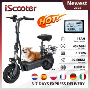 Scooter elettrico per adulti iScooter F3 48V 1000W E-Scooter, massimo 45 km/h, pneumatici da 10 pollici, sedile e cestino, pendolare urbano leggero