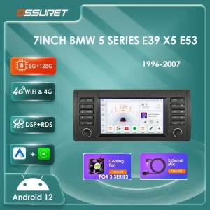 Autoradio Android 4G 64G con GPS e Stereo per BMW Serie 5 e39 X5 E53 1996-2007, Lettore Multimediale DSP con Carplay