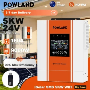 Inverter Solare Ibrido POWLAND 5000W MPPT 24V Onda Pura 9000VA con Ingresso FV 500V e Regolatore Solare 160A con WIFI