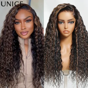Parrucca UNice Hair Water Wave con riflessi castano dorato 7×5, pre-tagliata, pre-decolorata, senza colla, in capelli umani, con frontale in pizzo, densità 150%