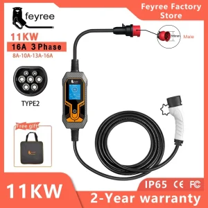 Feyree 11kW 16A Caricatore portatile EV trifase Type2 Cavo da 5M EVSE Scatola di ricarica Caricatore per auto elettrica Spina CEE per veicolo elettrico
