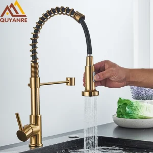Rubinetto da cucina in oro spazzolato Pull Down Spray a 2 vie Maniglia singola Miscelatore acqua calda fredda Rotazione a 360 Torneira Cozinha Miscelatore