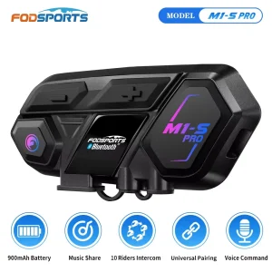 Fodsports M1-S Pro Casco Interfono Cuffia Moto Impermeabile Bluetooth Intercom 2000M Wireless Intercomunicador 10 piloti che parlano allo stesso tempo, Prompts vocali, Supporto Condividi Musica.
