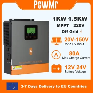 PowMr 1KW 1.5KW Inverter solare ibrido 12V 24V 220V Off Grid Inverter a onda sinusoidale pura Doppia uscita con caricatore solare MPPT 80A