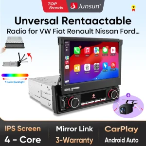 Junsun 7 “TouchScreen Wireless CarPlay per Apple 1din universale manuale automatico retrattile autoradio Android Auto WiFi