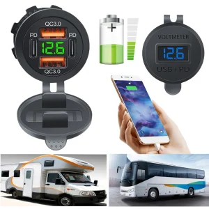 Potente caricabatteria da auto USB doppio PD e QC 3.0 con voltmetro e ricarica rapida a quattro porte per auto, barche e camion