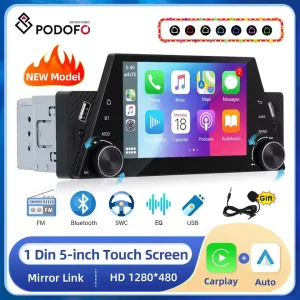 Podofo 1din Carplay Android auto Lettore multimediale per auto con display di navigazione automatica Mirrorlink Lettore MP5 da 5 pollici BT/FM