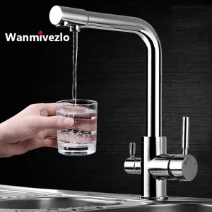 Rubinetto da cucina con filtro Rubinetto da cucina con acqua pura potabile cromata Montaggio su piano Doppia maniglia Miscelatore acqua calda e fredda a 3 vie