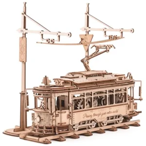 Robotime Puzzle in legno 3D Gear Drive Tram Kit di costruzione di modelli meccanici Giocattolo artigianale fai-da-te Regali Tram di città classica per bambini Adolescenti
