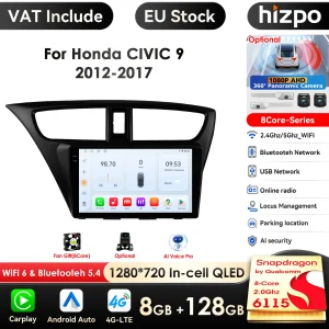 9 ”6115 Schermo Intelligente 2din Android 14 Autoradio Lettore Video Multimediale per Honda Civic 9 FK FB 2012 – 2017 GPS Carplay 4G