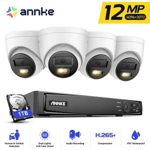 ANNKE Kit di videosorveglianza intelligente a doppia luce da 12 MP Telecamera POE da 4 pezzi con NVR da 12 MP Telecamera Smart Home 8CH NVR Microfono incorporato per esterni