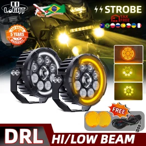 CO LIGHT Fari per moto da 5 pollici Bianco Giallo Fascio alto e anabbagliante LED Luce anteriore da lavoro Moto Fendinebbia Scooter Impermeabile