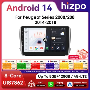 10.1 “Jodepo CarPlay Schermo 2Din Android13 Autoradio per Peugeot 208 2008 2014 – 2018 DSP RDS WiFi BT 4G SWC Navigazione GPS