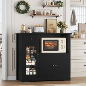 Armadio da cucina con piastra di lavoro, credenza da cucina con ripiano per microonde, armadio a buffet con 1 cassetto, 3 ante, ripiano regolabile