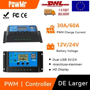 PowMr PWM 30A 60A Regolatore di carica solare LCD PWM 12V 24V Regolatore Pannello solare Doppia uscita USB 5V Caricabatteria 10/30/50PCS