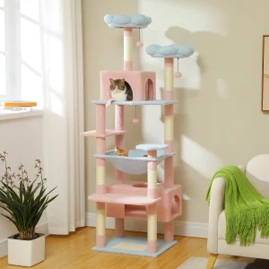 Torre per albero per gatti grande da 184 cm per gatti da interno con tiragraffi rivestiti in sisal Spaziosa amaca, posatoi imbottiti e condotti blu