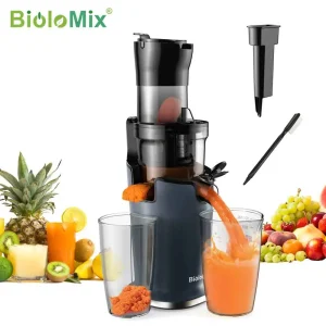 BioloMix Spremiagrumi a freddo con scivolo di alimentazione da 78 mm, potente estrattore di succo a masticazione lenta con motore potente da 200 W 40-65 giri/min per frutta intera