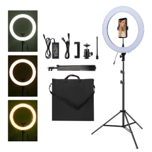Luce ad anello da 18 pollici con treppiede Kit anello per trucco Video Selfie bianco caldo da 200 cm con luce supporto per telefono per Studio/servizio di bellezza