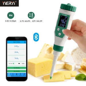 Misuratore PH digitale per alimenti Bluetooth 0,00 ~ 14,00 Sensore ad alta precisione Tester di acidità della temperatura intelligente per la produzione di frutta, formaggio, carne
