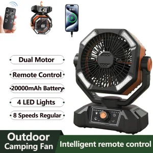 Ventilatore da campeggio con batteria da 20000 mAh con lanterna a 4 LED Ventilatore da tavolo a 8 velocità Ventilatore da esterno portatile per tenda da campeggio all’aperto e pesca