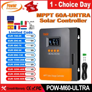 PowMr EU MPPT 60A Regolatore di carica solare 12V 24V 36V 48V Plus Regolatore DSP Funziona per batteria Lifepo4 V Pannello solare