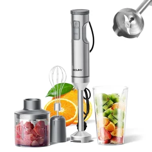 Frullatore ad immersione manuale Potente 4 in 1, robot da cucina con bastoncino in acciaio inossidabile, vaso di miscelazione da 700 ml, processore da 500 ml, frusta