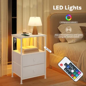 WOLTU Comodino moderno Comodino con illuminazione a LED regolabile Prese di ricarica USB 2 cassetti Comodino per camera da letto