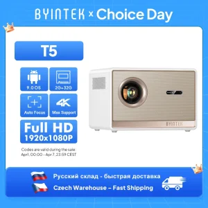 BYINTEK T5 Max Proiettore Full HD 1080P 4K 1000ANSI Android WiFi 6 Messa a fuoco automatica Proiettore Home Theater professionale per bassi per video