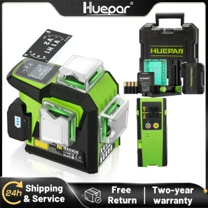 Huepar Livello laser a linee incrociate 3D con rilevatore laser 12 linee Fascio verde Schermo LCD Laser Regola la luminosità con custodia rigida di base
