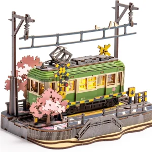 Robotime Puzzle 3D Sakura Viaggio Modello fai da te Giocattolo da costruzione con luce a LED Kit artigianali in legno Tram Hobby per bambini Rompicapo Regalo