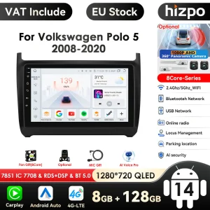 Hizpo Schermo Intelligente Carplay 4G 2Din Android 14 Autoradio per Volkswagen Polo 5 2008-2020 Lettore Video Multimediale 360 Macchina Fotografica