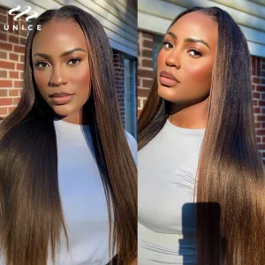 Parrucca UNice Marrone Castagna Ombré Yaki Liscia con Parte a V e Cordoncino, 100% Capelli Umani, Senza Colla, Minima Esposizione dei Capelli Naturali