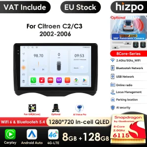 Hizpo Schermo Intelligente Carplay 4G 2Din Android 14 Autoradio per Citroen C2 2002 – 2006 Citroen C3 Lettore Video Multimediale WIFI