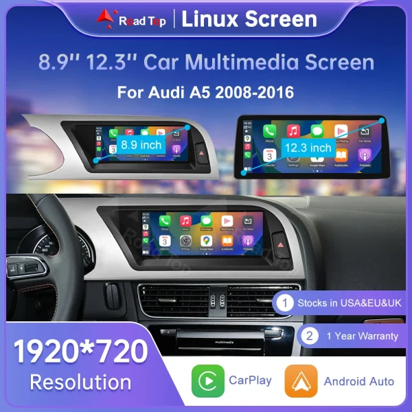 Autoradio multimediale Road Top con touchscreen Linux per Audi A5 2008-2016, CarPlay wireless, Android Auto, Airplay e funzione lettore auto.
