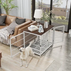 Mobile Style Dog Crate White Pet Kennel Black Cage End Table con tre porte e vassoio rimovibile, per cani di taglia piccola e media