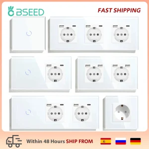 BSEED Standard UE USB Presa singola Interruttore tattile 1Gang 1Way Sensore di cristallo bianco Interruttore della luce da parete Alimentazione Doppia prese Prese