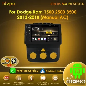 Hizpo Autoradio Android da 9 pollici per Dodge Ram 1500 2500 3500 (2013-2018) Unità principale stereo AC manuale Navigazione Carplay Touchscreen