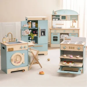 Robotime Robud Set da gioco per rondella da cucina Gioca da cucina Frigorifero Frigorifero Gioca a forno giocattolo Set da gioco da cucina in legno per bambini dai 3 anni in su Blu